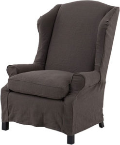 Серо-коричневое мягкое кресло из льна с высокой спинкой